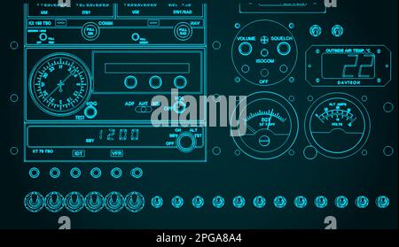 Illustrazione vettoriale stilizzata di un primo piano del cruscotto di controllo dell'aereo Illustrazione Vettoriale