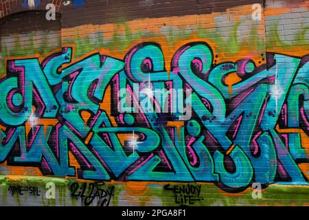 USA, Maine Portland, Wall Art, Pop Art, Alley Off Center Street, a sud di Spring St Foto Stock