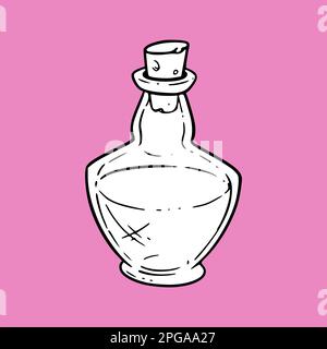 Bottiglia di pozione con elisir di strega. Bottiglia o fiasca in vetro retrò con sughero. Illustrazione vettoriale isolata sul dorso rosa Illustrazione Vettoriale