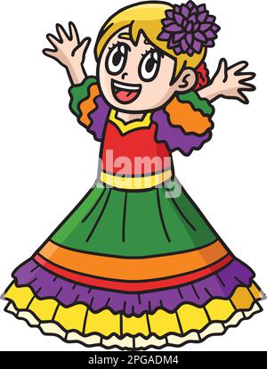 Cinco de Mayo Happy Mexican Girl Cartoon Clipart Illustrazione Vettoriale