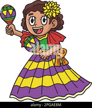 Cinco de Mayo Girl con Maracas Cartoon Clipart Illustrazione Vettoriale