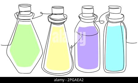 4 flaconi con liquido multicolore in una riga su sfondo bianco. Illustrazione Vettoriale