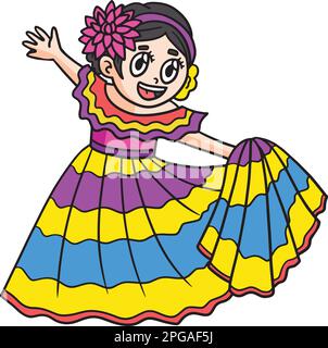 Cinco de Mayo Mexican Girl Dancing Cartoon Clipart Illustrazione Vettoriale