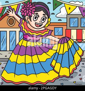 Cartoon colorato Cinco de Mayo Girl Dancing Illustrazione Vettoriale