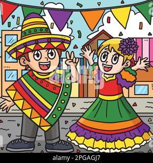 Bambini che festeggiano il cartone colorato Cinco de Mayo Illustrazione Vettoriale