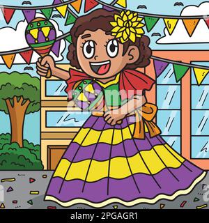 Cinco de Mayo Girl giocando Maracas colorato Cartoon Illustrazione Vettoriale