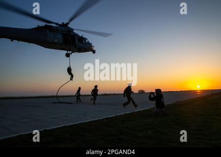 STATI UNITI Marines nel corso di base ANGLICO corda veloce da un MH-60s Seahawk durante un esercizio di tecniche di sospensione della corda dell'elicottero al corpo dei Marine base Camp Pendleton, California, 16 marzo 2023. ABC ha lo scopo di sviluppare la competenza di Marines e marinai in tattiche di fanteria, pattugliamento, piccole armi, comunicazioni, operazioni nell'ambiente dell'informazione, imbarcazioni da campo, chiamata per il controllo, tecniche di sospensione di corda di elicottero/tilt-rotore e altre attività specialistiche impegnative. (STATI UNITI Corpo marino foto di Lance CPL. Trent A. Henry) Foto Stock