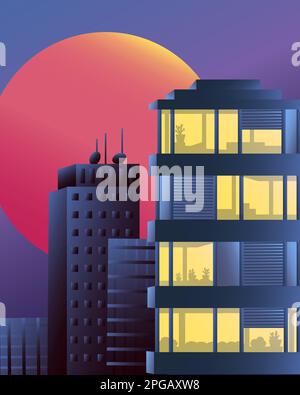 Panorama della città notturna. Grattacieli sullo sfondo della luna e del cielo scuro. Illustrazione Vettoriale