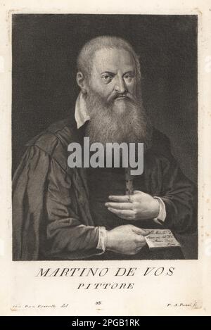 Maerten de Vos, pittore fiammingo di storia, 1532-1603. Figlio dell'artista Pieter de Vos, studiò a Roma e Venezia, prima di ritornare a dipingere i ritratti ad Anversa. Martino de Vos, Pittore. Incisione in copperplate di Pietro Antonio Pazzi dopo Giovanni Domenico Ferretti dopo un autoritratto dell'artista del Museo Florentino di Francesco Moucke, Serie di Ritratti de Pittori (Serie di ritratti di pittori) stamperia Mouckiana, Firenze, 1752-62. Foto Stock