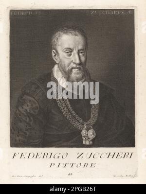 Federico Zuccaro, noto anche come Federigo Zuccari, pittore manierista italiano, 1542-1609. Fratello minore di Taddeo Zuccaro. Ha lavorato a Firenze, Parigi, Anversa e Hampton Court. Indossando catene d'oro e medaglie di San Carlo Borromeo e Filippo II Federigo Zuccheri, Pittore. Incisione in copperplate di Niccolo Billy dopo Giovanni Domenico Campiglia dopo un ritratto attribuito al miniaturista fede Galizia dal Museo Florentino di Francesco Mouscke, serie di ritratti de Pittori (Serie di ritratti di pittori) stamperia Mouckiana, Firenze, 1752-62. Foto Stock