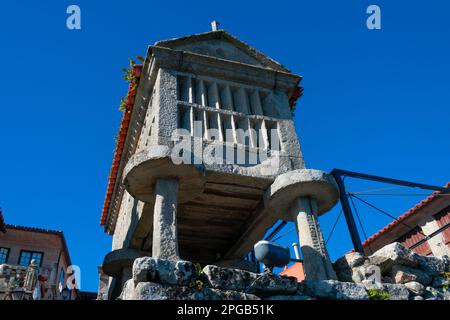 Veduta di un Horreo, un granaio tipico della Galizia. Combarro, Galizia. Spagna Foto Stock