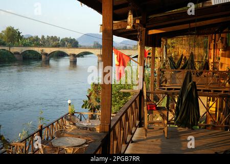 Guest House sul fiume Mekong, Ponte, Don Det, 4000 isole, si Phan Don, Provincia di Champasak, Laos Meridionale, Laos Foto Stock