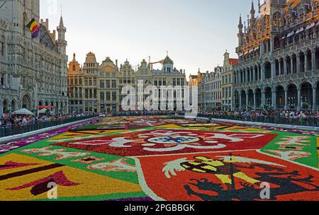 Tappeto di fiori e turisti sul Grote Markt (Grand Place) di fronte alle storiche case delle corporazioni, Bruxelles, Belgio Foto Stock