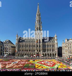 Tappeto di fiori e turisti sul Grote Markt (Grand Place) di fronte al municipio storico, Bruxelles, Belgio Foto Stock