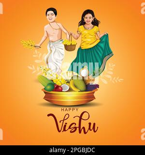 Auguri di buon Vishu. Aprile 14 Kerala festival con Vishu Kani, vishu fiori frutta e verdura in un vaso di bronzo. Disegno di illustrazione vettoriale Illustrazione Vettoriale