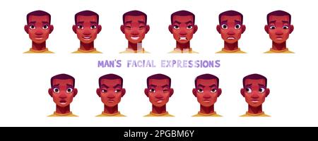 Espressioni facciali dell'uomo afroamericano isolate su sfondo bianco. Illustrazione vettoriale dei cartoni animati di felice, sorridente, triste, sorpreso, spaventato, faccia maschile arrabbiata e sconvolta. Personaggio di gioco o design avatar Illustrazione Vettoriale