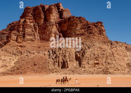 Cammelli e terreno montano a Wadi Rum, Giordania Foto Stock