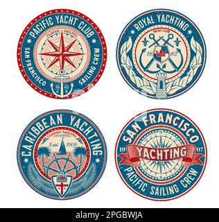 Chiazza retrò dello yacht club, badge regata e emblemi vettoriali dell'equipaggio marino. Scuderia sportiva con insegne araldiche con ancora e timone, yacht reale c Illustrazione Vettoriale