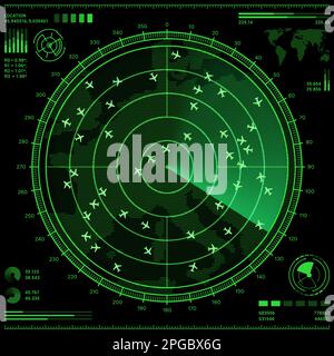 Schermo radar di controllo dell'aria con aeroplani e mappa del mondo. Vector HUD ui del sistema di controllo del traffico aereo, navigazione in aereo e tracciamento del volo disp. Digitale Illustrazione Vettoriale