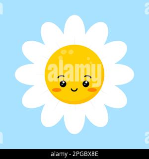 Margherita fiore sorridente volto felice carino carattere. Illustrazione Vettoriale