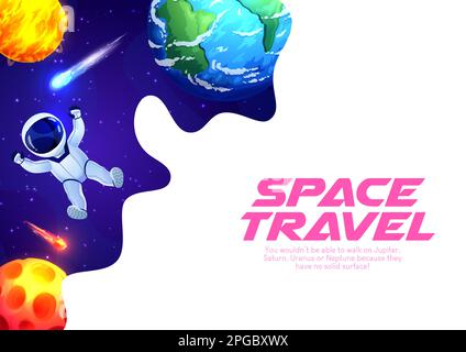 Astronauta nello spazio esterno, landing page con pianeti galassici e stelle, modello vettoriale sito web. Avventura spaziale e viaggio spaziale a galattico e fuori Illustrazione Vettoriale