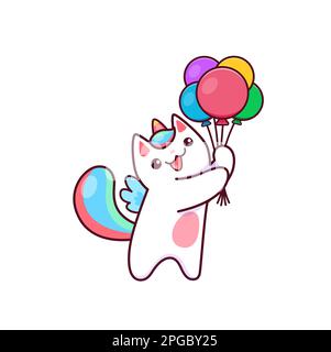 Cartoon carino kawaii casticorn carattere con aerostati palloncini, gatto kitty unicorn, vettore bambini. Allegro e divertente cavicorno o felice unicorno kitty con arcobaleno Illustrazione Vettoriale