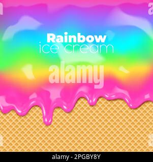 Rainbow dolce gocciolamento, sciogliere il flusso di gelato dessert cibo su fondo di consistenza cialda cono. Vector 3D caramelle arcobaleno, smalto ciambella o gelato al latte fuso Illustrazione Vettoriale