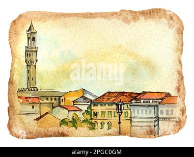 Acquerello con città Firenze, Italia, carta vecchia testurizzata, disegno a mano Foto Stock