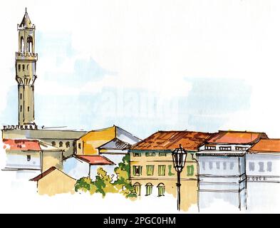 Disegno a mano argine a Firenze, pennarelli e disegno della fodera Foto Stock