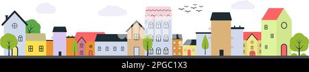 Vettore molte case di diversi colori e alberi intorno eps 10. Villaggio vettoriale con case a più piani e un piano, piccoli alberi piantati intorno Illustrazione Vettoriale