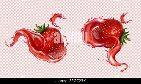 Fragola con succo di splash, rappresentazione vettoriale realistica. Bacche rosse dolci mature con foglia verde e semi in liquido cadente con gocce volanti, isolate su fondo trasparente, design della confezione Illustrazione Vettoriale