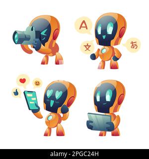 Carino chat bot cartoon vettore set illustrazione. Divertente robot di conversazione intelligente giallo, assistente con tablet e fotocamera foto, lettura del messaggio sul telefono cellulare, traduttore online isolato su bianco Illustrazione Vettoriale