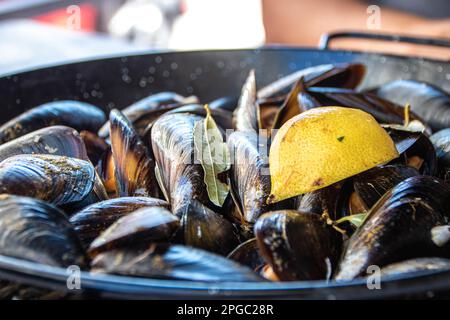 Padella piena di cozze al vapore come servito in un ristorante a Cangas , Galizia, Spagna Foto Stock