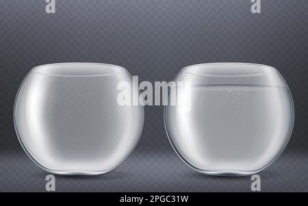 Acquario rotondo in vetro vuoto e pieno d'acqua isolato su fondo trasparente. Vector realistic mockup di una ciotola di pesce trasparente per pesci d'oro, animale domestico acquatico. Ciotola di vetro, vaso Illustrazione Vettoriale