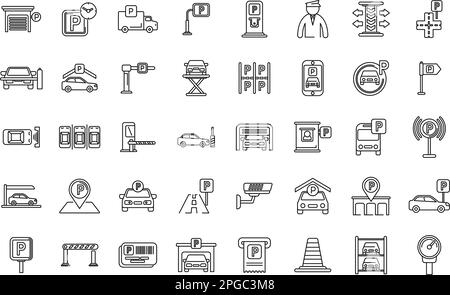 Le icone del parcheggio impostano il vettore di contorno. Parcheggio garage. Veicolo parcheggiatore Illustrazione Vettoriale