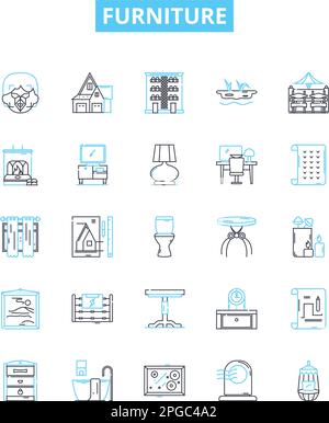 Set icone linea vettoriale mobili. Mobili, Sedie, Tavoli, Divani, scrivania, Sgabelli, illustrazioni armadio delineano simboli e segni concettuali Illustrazione Vettoriale