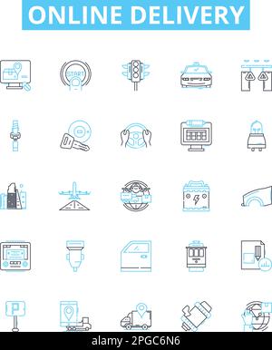 Icone linea vettore di consegna online impostate. Consegna, Online, eDelivery, Acquista, Acquista, Spedizione, Logistica illustrazione delineare i simboli e i segni del concetto Illustrazione Vettoriale