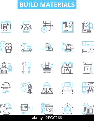 Icone linea vettoriale dei materiali di costruzione impostate. Mattoni, cemento, sabbia, ghiaia, legno, Le illustrazioni in acciaio e metallo delineano simboli e segnali concettuali Illustrazione Vettoriale