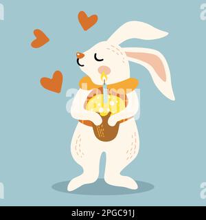 Coniglio carino tiene nelle sue zampe una torta di Pasqua con candele Illustrazione Vettoriale