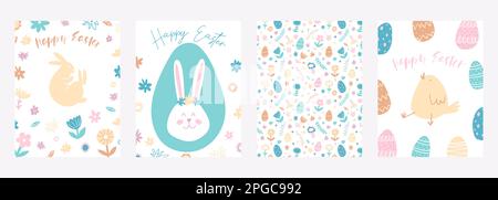 Set di biglietti d'auguri di buona Pasqua. Piante colorate disegnate a mano, coniglietto, pollo, uova in stile moderno minimalista. Illustrazione Vettoriale