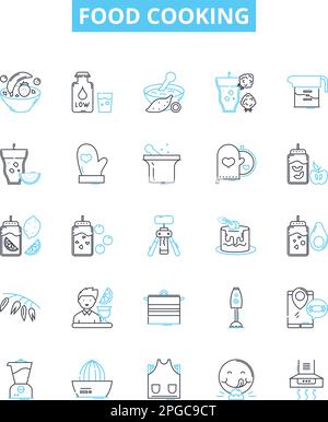Set di icone della linea vettoriale per la cottura degli alimenti. Cottura, tostatura, grigliatura, bollitura, frittura, Sauteing, illustrazione di Poaching delineano i simboli e i segni di concetto Illustrazione Vettoriale