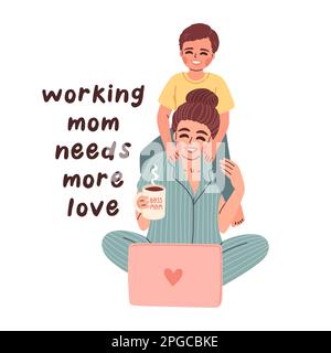 Madre lavoro da casa. Mamma che lavora, felice freelancer occupato che tiene il figlio del bambino. Illustrazione del vettore piatto Illustrazione Vettoriale