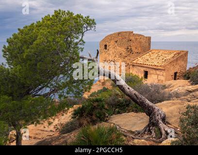 La torre di Cala Basset (Torre de Cala en Basset) è una torre di guardia della fine del 16th ° secolo, situata sulle montagne di Tramuntana Maiorca Spagna Foto Stock