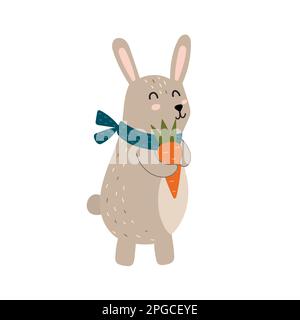 Coniglio carino con una carota. Carattere divertente foresta in un elemento isolato sciarpa Illustrazione Vettoriale