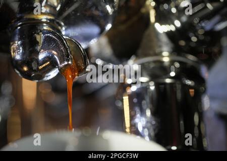 Immagine macro estrema di un espresso caldo appena fatto in un flusso sottile mentre fuoriesce da un'unica impugnatura del portafiltro su una macchina da caffè. Barista Foto Stock