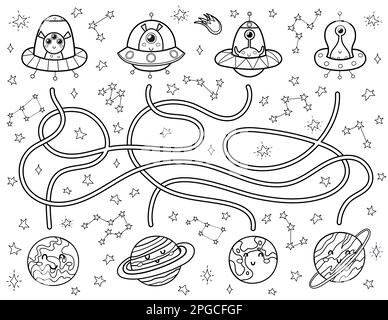 Trova il modo corretto per i pianeti per ogni alieno nei dischi volanti. Labirinto spaziale bianco e nero per bambini Illustrazione Vettoriale
