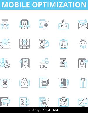 Set di icone di linee vettoriali per l'ottimizzazione mobile. Mobile, ottimizzazione, reattività, design, pagina web, app, illustrazione dell'utente, simboli dei concetti di contorno e. Illustrazione Vettoriale