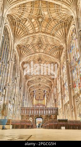 La navata e il soffitto a volta del ventilatore alla cappella fondata da Enrico VI al King's College, Università di Cambridge, Inghilterra. Foto Stock