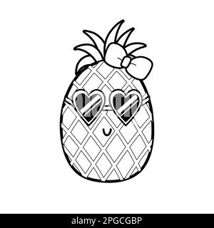 Simpatico ananas bianco e nero con occhiali da sole. Pagina da colorare estiva per bambini Illustrazione Vettoriale