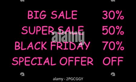 Black Friday sale offerte speciali illustrazioni doodle al neon effetto luce rosa incandescente isolato su sfondo scuro Illustrazione Vettoriale